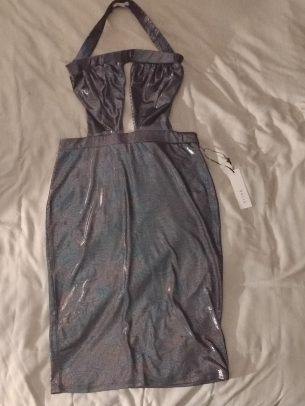 Iridescent Blue Halter Backless Midi Dress